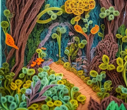 Prompt: A whimsical forest scene created with intricate paper quilling, abundant plants, and a lively ecosystem, vibrant colors, shades of green 
