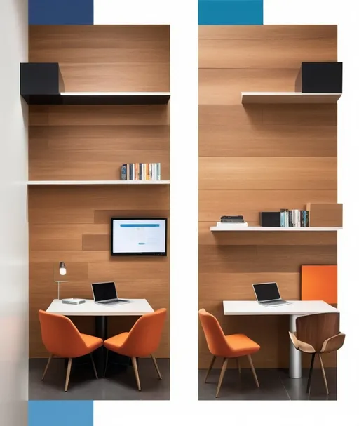 Prompt: Featuring a sleek and modern design, the cover of this architectural catalog showcases four distinct interior spaces emphasizing innovative ceiling and wall systems. The top images display stylish seating arrangements with rich textures, including a plush blue chair accented with an orange pillow against a backdrop of warm wood paneling and expansive windows that invite natural light. Below, a chic office environment reveals contemporary furnishings, including wooden desks and ergonomic chairs, set against a backdrop of textured wall designs that enhance the space's sophistication. The overall color palette is neutral, with pops of color adding vibrancy, while the layout reflects a clean, organized aesthetic indicative of modern architectural trends. The prominent title “JEON” suggests a focus on quality and design excellence in architectural solutions.