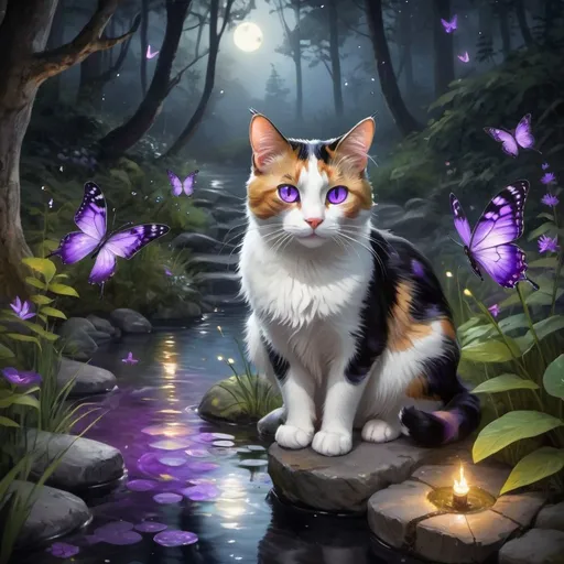 Prompt: Calico cat with purple eyes, wandering in an enchanted forest at midnight, fireflies and magic butterflies surround the area. A glowing pond circled by faded gray stones is in the background too.