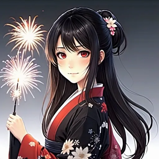 Prompt: Anime girl, Japanese, red kimono with flowers, long black hair tied back and the tips are dyed red, she holds a sparkler, fireworks are in the background