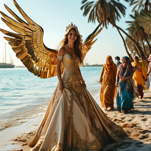 Prompt: A bautiful gold color dress bride , standing on wings of Phonix smiling  on the sea, in the beach , coming from the ship , men and women in traditional long dresses color ful around the bride, sun is on the sky , palm trees on the beach, behind sea burj alalrab and a big ship standing.
Phonix with Gold wings is under foot of brid.