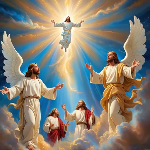 Prompt: (accurately spelled text "Jesus is Coming soon"), divine scene, cosmic backdrop, (heavenly light) illuminating the atmosphere, ethereal clouds swirling, grandeur and majesty, intensity of the moment, powerful angelic figures blowing trumpets, anticipation and awe, vibrant cosmic colors, warm golden and cool blue tones, high-detail, emotionally charged ambiance, (ultra-detailed), embracing spirituality and hope.