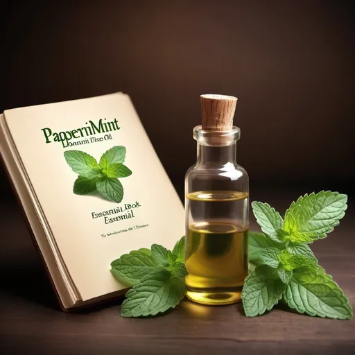 Prompt: imagine you are a profesional cover maker and a great scientist. you are going to make an encyclopedia about pappermint essential oil. you are going to design the cover. at the cover, you will place dominantly papermint image and at the bottom you will place word "the book of pappermint essential oil". you want it looks like legendary secret book, like from the world of harry potter