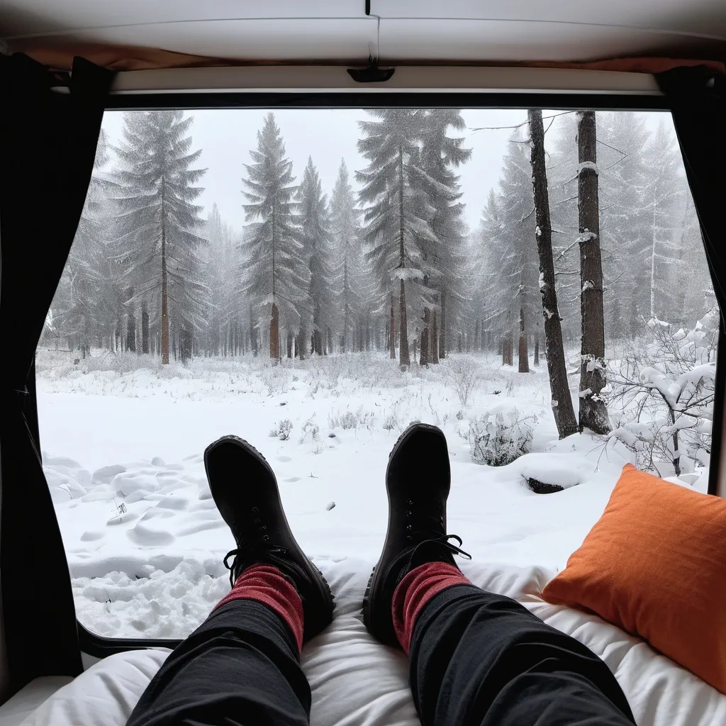 Prompt: Relaxing in the camper and seeing the snowy landscape in the forest