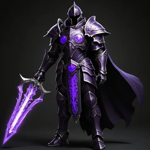 Prompt: Create a realistic image of a  void night paladin from Last Epoch. It must have all visual aspects but must have evil void armour and purple should be the colour scheme