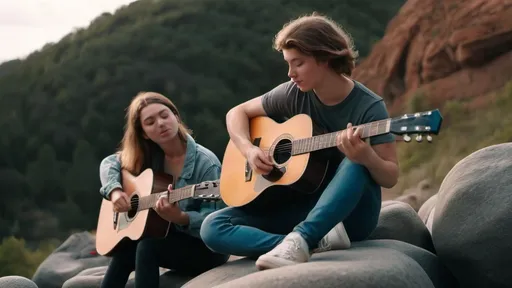 Prompt: draw a picture of a young man playing acoustic guitar sitting on a rock next to a woman