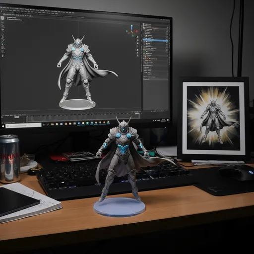 Prompt: Create a 1/18th scale commercial sculpture from the image, in a realistic style, in a real-life environment. The sculpture is placed on a computer desk. The sculpture has a transparent acrylic base, with no text on the base. The content on the computer screen is the ZBrush modeling process of the figure. Next to the computer screen is a frame containing the photo printed with the original artwork.

