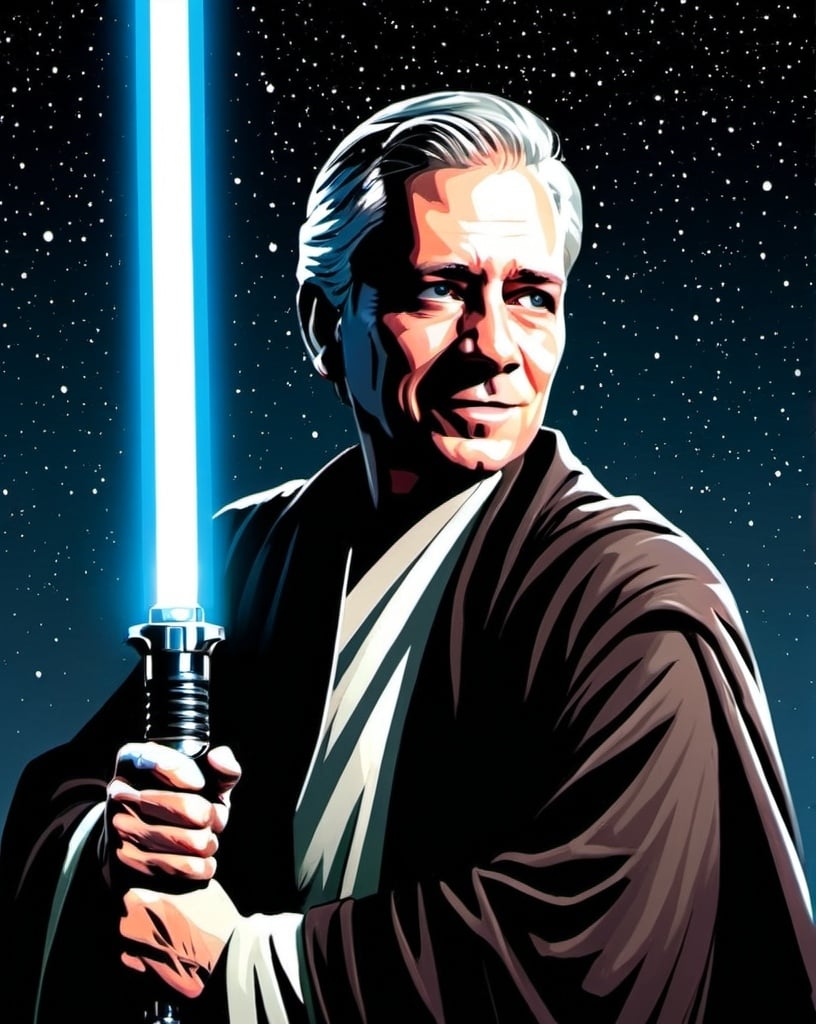 Prompt: Jedi from Star Wars holding a lightsaber, detailed, dark colors, dramatic, graphic novel illustration,  2d shaded retro comic book