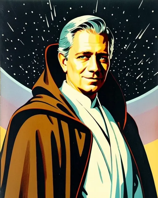 Prompt: Silk screen comic book illustration, male Jedi wearing a robed mantle, 1960s retro futurism, Star Wars 