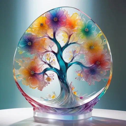 Prompt: abstract art, (vibrant color scheme), detailed transparent glass sculpture, colorful tree with flowers, (intricate details), ethereal atmosphere, surreal and dreamlike background, dynamic composition, radiant hues, interplay of light and shadow, fluid forms, mesmerizing aesthetics, whimsical environment, high quality, ultra-detailed.