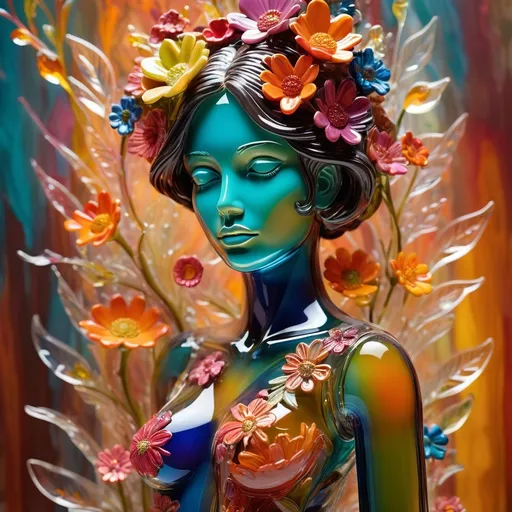 Prompt: (abstract expressionism), detailed vibrant transparent glass sculpture of a woman adorned with flowers, intricate details, (surreal) ambiance, warm color scheme, vivid colors blending in the background, dreamy and enchanting atmosphere, high depth, (ultra-detailed), dynamic composition, emotional depth, captivating elegance, artistic fusion of colors, juxtaposed textures.