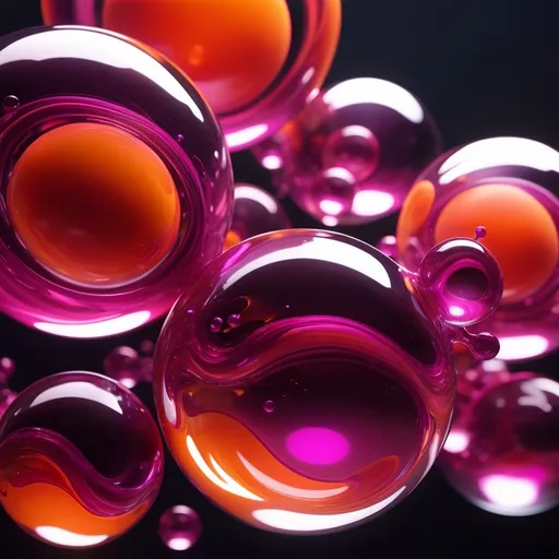 Prompt: Abstract glossy, fluid-like structures and transparent spheres, (vibrant magenta and orange colors), molten glass essence, mid-air composition, (dynamic flow), dark backdrop, rich in contrast, (highly detailed), striking visual impact, (ethereal atmosphere), emphasizing the sense of motion and depth within the abstract realm, captivating with light reflections, (4K resolution).