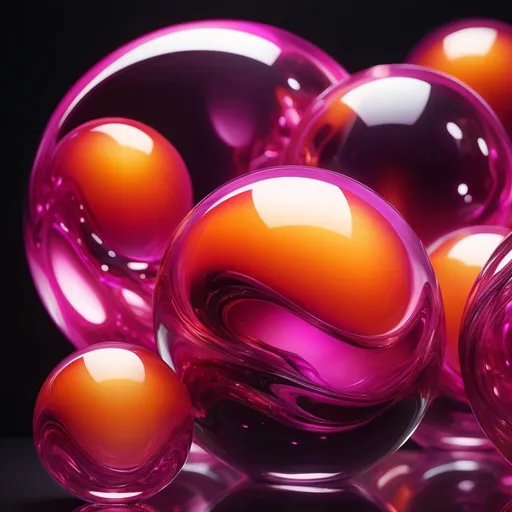 Prompt: (abstract glossy structures), fluid-like transparent spheres, vibrant magenta and orange hues, molten glass effect, dynamic motion, (highly detailed), ethereal beauty, dark and dramatic backdrop, sleek composition, captivating ambiance, ultra-detailed, high-contrast lighting, artistic masterpiece, enchanting visuals.