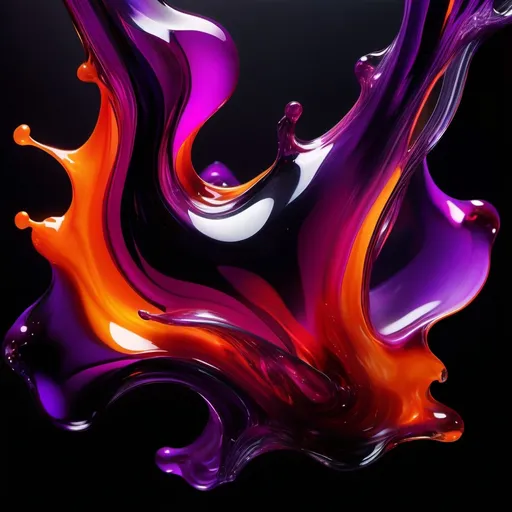 Prompt: (abstract art), glossy fluid-like transparent structures, vibrant color scheme, sharp splash in transparent purple, vibrant magenta, deep black, fiery orange, molten glass suspended mid-air, dynamic shapes and forms, captivating and mesmerizing composition, dark backdrop that enhances vibrant colors, ethereal atmosphere, ultra-detailed, rich textures, high contrast.