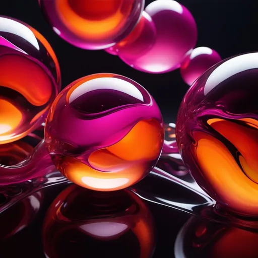 Prompt: (abstract art) glossy fluid-like transparent structures, vibrant magenta and orange colors, molten glass spheres in mid-air, dynamic composition, surreal forms, captivating light reflections, contrast against a dark backdrop, high depth cinematic masterpiece, ultra-detailed, emphasizing fluidity and motion, intriguing visual experience.