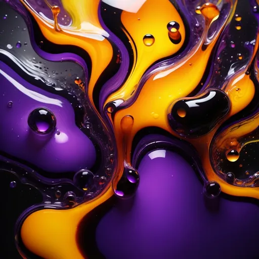 Prompt: (abstract art), vibrant color scheme, glossy fluid-like transparent structures, raindrops in shades of transparent purple, yellow, black, orange, molten glass suspended in mid-air, dynamic composition, highly detailed, dark backdrop enhancing brightness of colors, captivating light reflections, high contrast, ultra-detailed, a mesmerizing blend of colors and textures, dreamlike atmosphere.