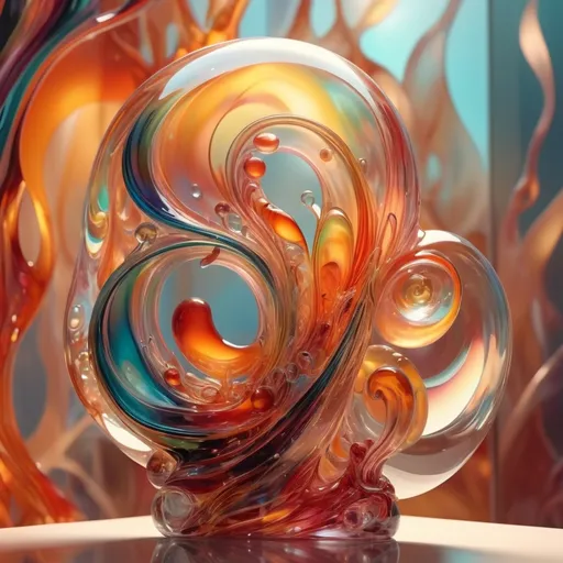 Prompt: (surrealism style), (detailed and vibrant transparent glass sculpture), intricate details, warm color scheme, colorful abstract background, dreamy atmosphere, fluid shapes, overlapping reflections, compelling textures, ethereal light, high contrast shades, ultra-detailed, 4K quality, whimsical design elements, captivating visual narrative.