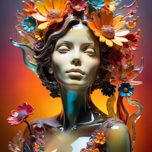 Prompt: (abstract expressionism), detailed vibrant transparent glass sculpture of a woman adorned with flowers, intricate details, (surreal) ambiance, warm color scheme, vivid colors blending in the background, dreamy and enchanting atmosphere, high depth, (ultra-detailed), dynamic composition, emotional depth, captivating elegance, artistic fusion of colors, juxtaposed textures.