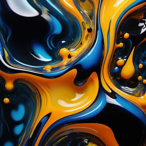 Prompt: Abstract glossy fluid-like structures, (transparent) blue, yellow, black, orange, molten glass in mid-air, vibrant color scheme, dynamic composition, (fluid textures), intricate crevices, (shiny) surfaces reflecting light, (contrast with dark backdrop), depth and movement, ultra-detailed, high-quality artwork, captivating visual energy, immersive ambiance, experimental abstract design.