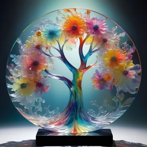 Prompt: abstract art, (vibrant color scheme), detailed transparent glass sculpture, colorful tree with flowers, (intricate details), ethereal atmosphere, surreal and dreamlike background, dynamic composition, radiant hues, interplay of light and shadow, fluid forms, mesmerizing aesthetics, whimsical environment, high quality, ultra-detailed.