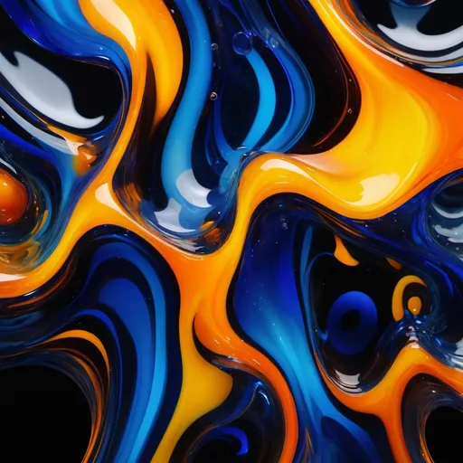 Prompt: Abstract glossy, fluid-like transparent structures, ocean waves in vibrant blue, yellow, black, and orange tones, molten glass suspended in mid-air, (dynamic) movement and flow, (vibrant color scheme), mesmerizing play of light reflections, dark backdrop enhancing the vivid colors, (highly detailed), (HD), captivating and energetic atmosphere, enchanting visual experience.