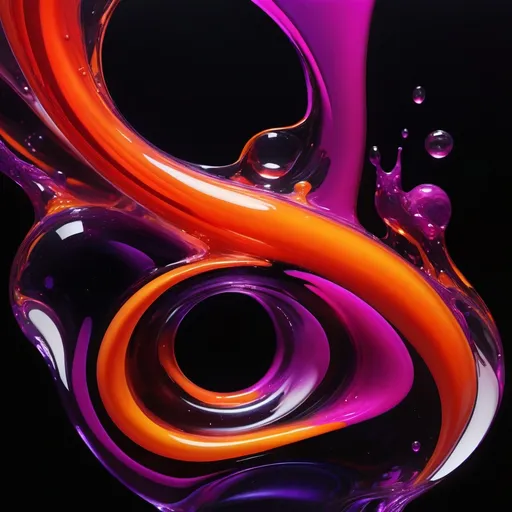 Prompt: (abstract art), glossy fluid-like transparent structures, vibrant color scheme, raindrops in transparent purple, vibrant magenta, deep black, fiery orange, molten glass suspended mid-air, dynamic shapes and forms, captivating and mesmerizing composition, dark backdrop that enhances vibrant colors, ethereal atmosphere, ultra-detailed, rich textures, high contrast.