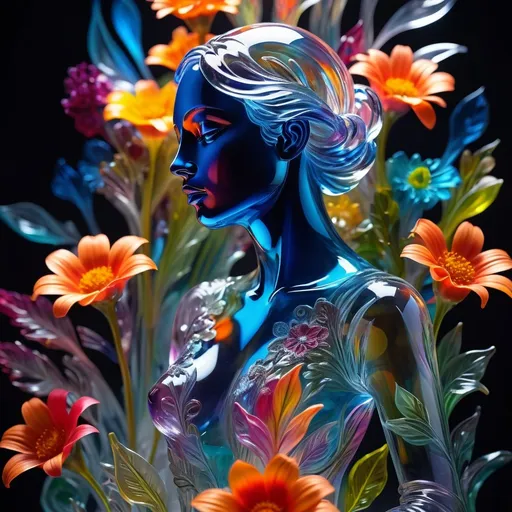 Prompt: abstract (vibrant color scheme), detailed transparent glass sculpture, woman surrounded by flowers, intricate details, surreal design, captivating floral elements, mesmerizing interplay of light and shadow, colorful background, ethereal ambiance, dynamic movement, high resolution, vivid hues, striking contrast, enchanting atmosphere, ultra-detailed masterpiece, artistic beauty.