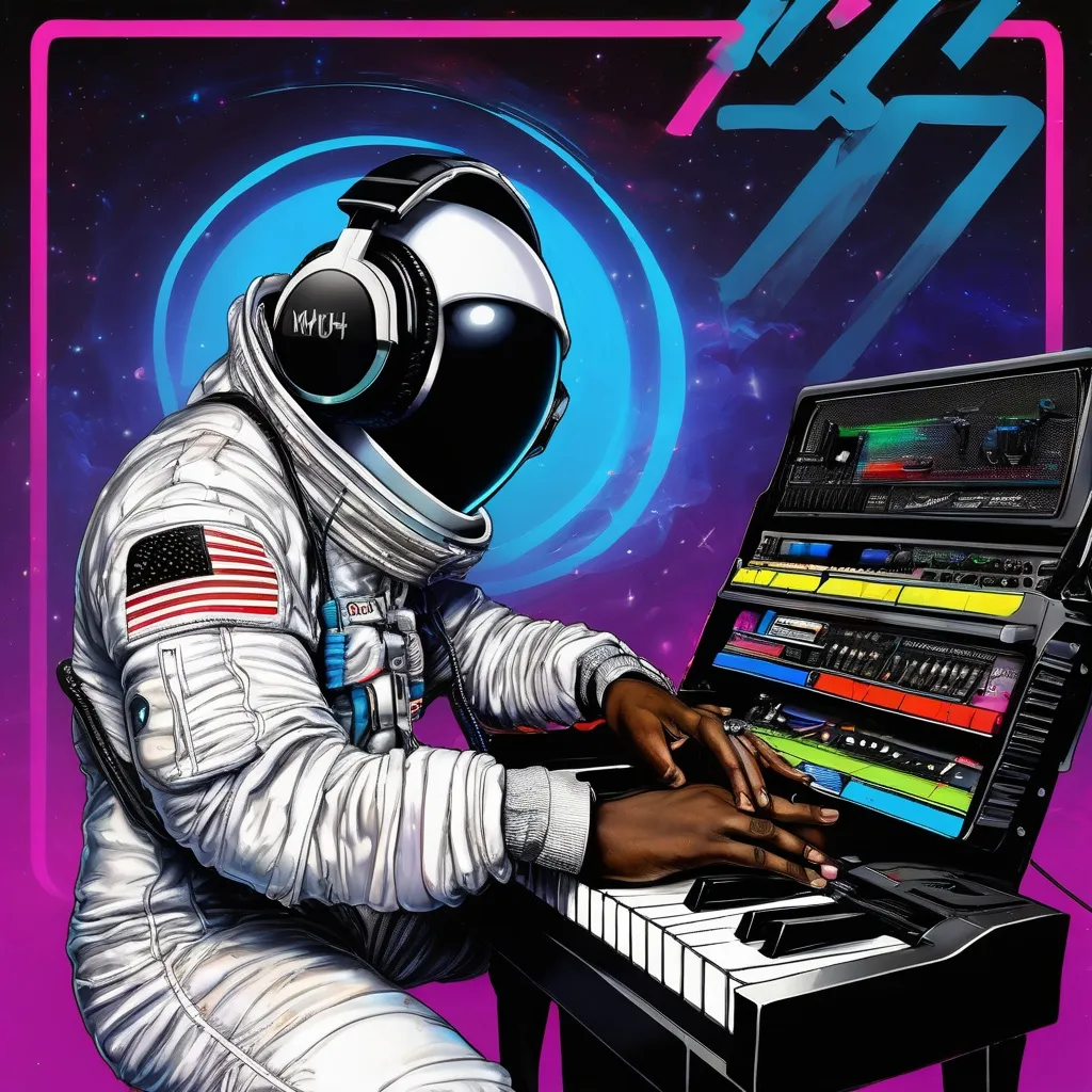 Prompt: retro 80s art, 1 black man with a spacesuit, carrying a midi piano and wearing dj headphones, the name of the black man is Skytech muziq, paint ''skytech muziq'' at the bottom of the art, highly detailed