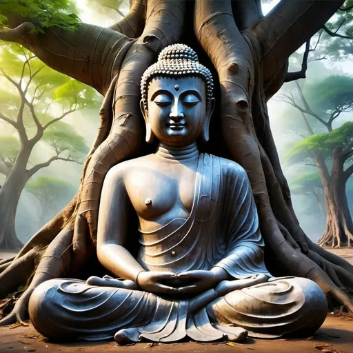 Prompt: Creat a beautiful portrait of Lord Buddha in sitting under very old and huge  tree posture both hands in lap one upon another,deep in meditation ,photorealistic painterly painting, glow of light onto face