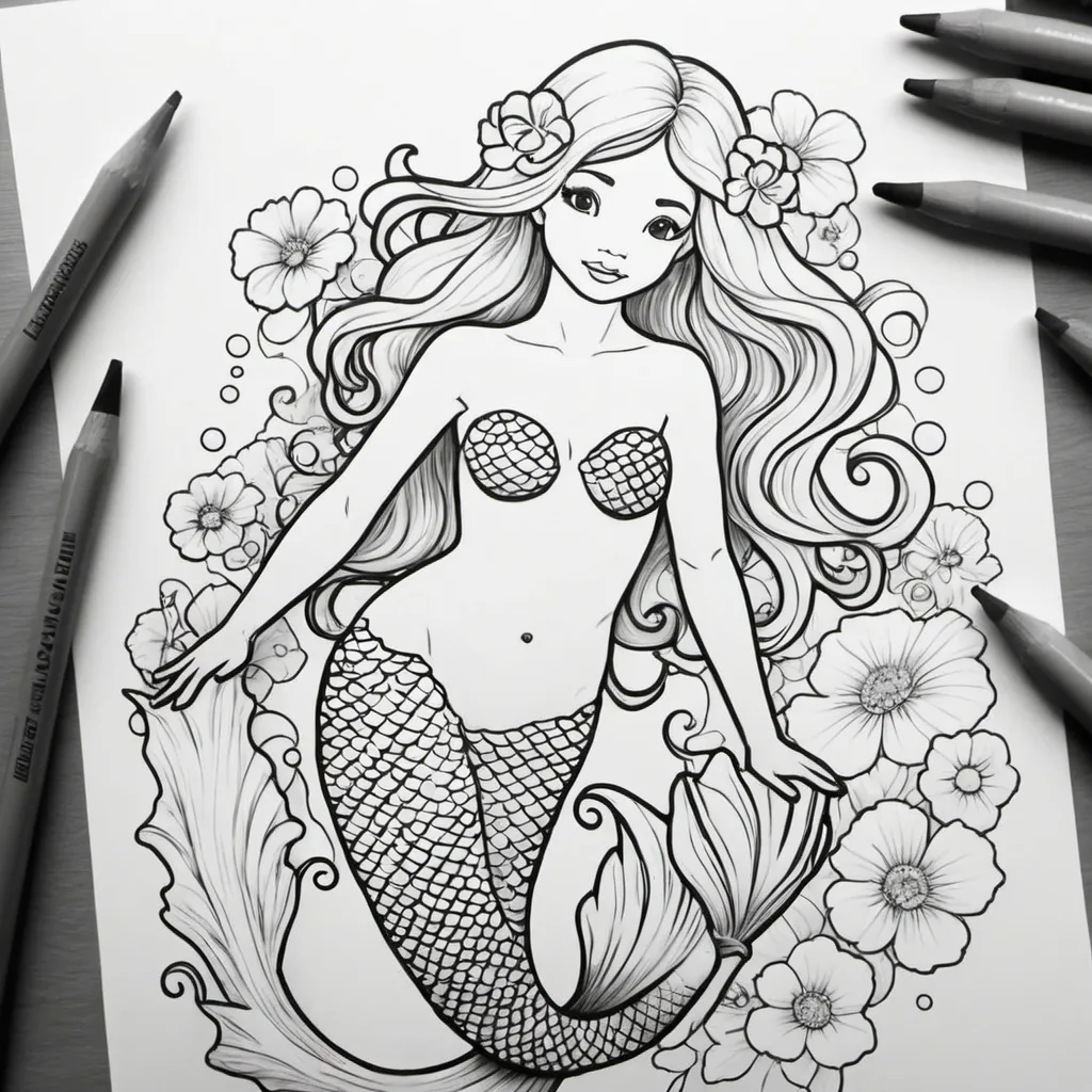 Prompt: Draw me an outline of a mermaid with flowers that my kids can color 