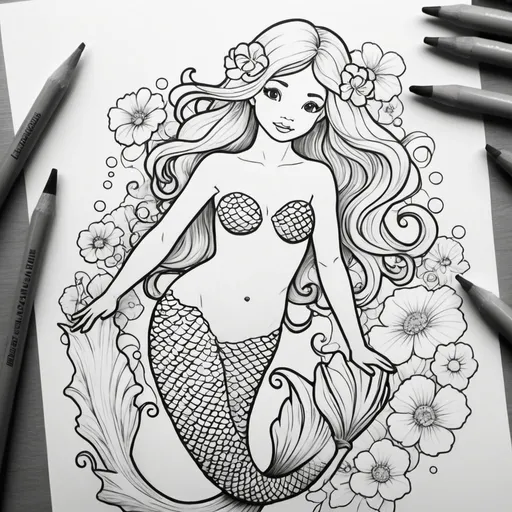 Prompt: Draw me an outline of a mermaid with flowers that my kids can color 