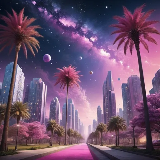 Prompt: Create a surreal, dreamlike cityscape blending elements of urban environment and cosmic phenomena. The setting should feature a modern city park with well-maintained walkways, palm trees, and urban street lighting. The sky above should be filled with an otherworldly, cosmic display, featuring vibrant colors like pink, purple, and gold. This cosmic sky should resemble a galaxy or nebula with sparkling stars and celestial lights arching across the horizon. The overall mood should be ethereal and fantastical, merging the familiarity of the urban landscape with the mystique of the cosmos