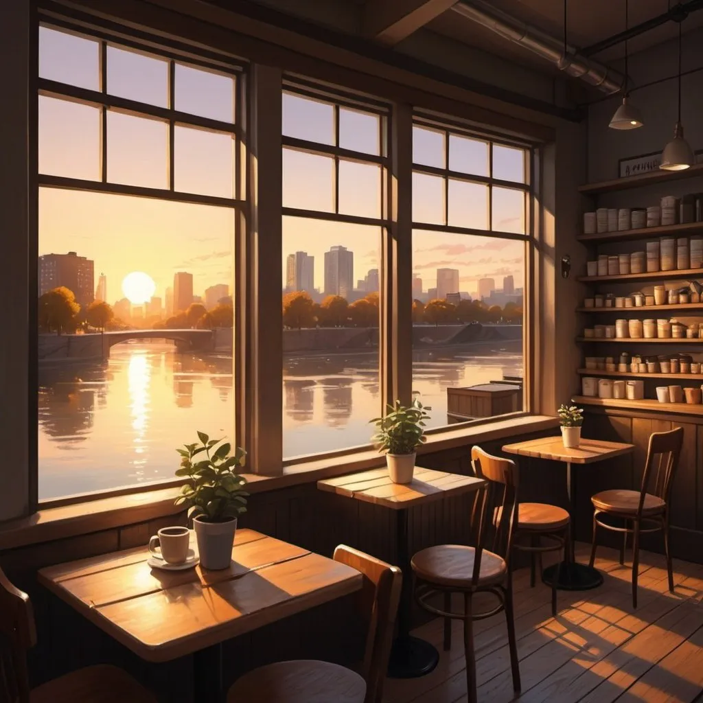 Prompt: Create an inviting and cozy coffee shop interior with large windows showcasing a serene, sunset-lit cityscape. The setting should include wooden tables and chairs, shelves stocked with coffee cups and jars, and a warm ambiance. Through the windows, depict a beautiful, tranquil urban scene with the sun setting over a river, casting a golden glow over the buildings and the water. The overall mood should be relaxing and slightly nostalgic, capturing the essence of a peaceful evening in a lofi-inspired world.