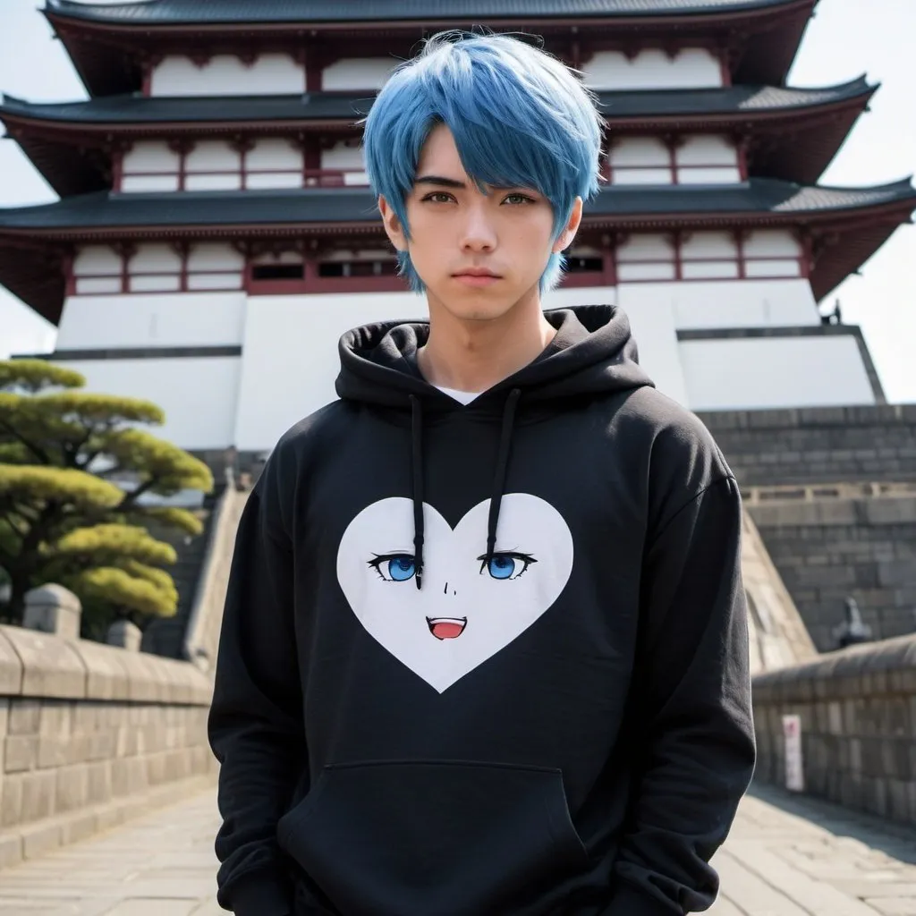 Prompt: full body portrait: a {(muscular (japanese man)) in his late-teenage with a (heart-shaped face), and (((blue eyes))). {((short (((cobalt sky blue hair)))) in a (page boy cut (with bangs)))}. ((black (perfecto style (oversize hoodie))) over a (white (t-shirt)) and ((black (jeans)) in front of edo castle