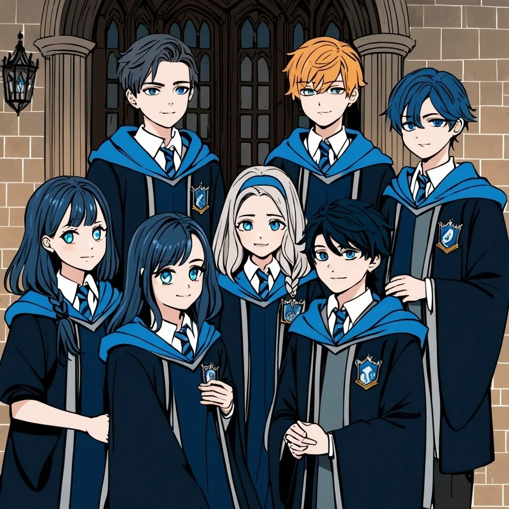 Prompt: 5 boy and 3 girl ravenclaw