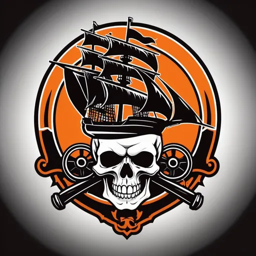 Prompt: A logo for football team . A cycle in pirates style within a pirates ship with skull in flag. Black and orange colour 