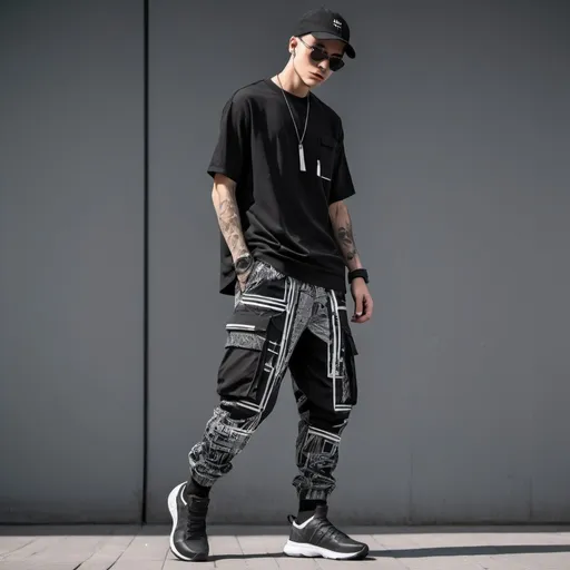 Prompt: design me unique black tech cargos with straps and white print all over 