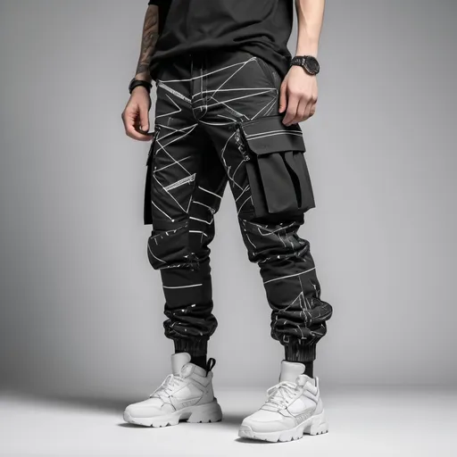 Prompt: unique black tech cargos with straps and white print all over 