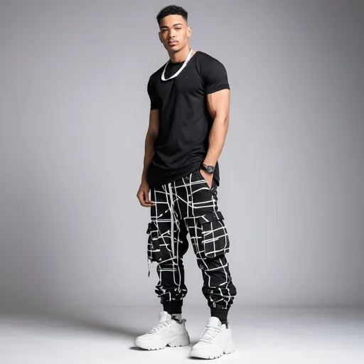 Prompt: design me unique black tech cargos with straps and white print all over 