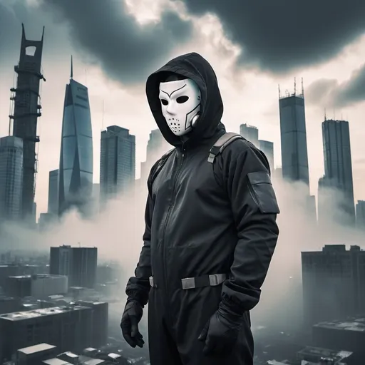 Prompt:  A man wearing a mask and standing in front of a city. A man with a compound bow, shrouded in mystery. Amidst a luminous cityscape A man wearing a protective pressure suit and standing in front of an urban cityscape. He is wearing a black jacket with white text on the back, as well as a mask covering his face. The sky behind him is filled with clouds and there are several buildings visible in the background. There is also a sign with writing that can be seen near the bottom right corner of the image. This man looks determined and ready for whatever lies ahead in this bustling city he stands before.