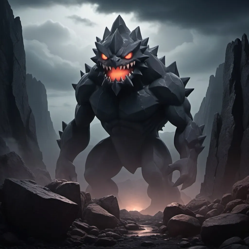 Prompt: A dark and rock type pokemon, (dramatic lighting), eerie atmosphere, sharp and rugged features, nightmarish landscape with jagged rocks, muted colors with dark greys and deep blacks, ominous aura, highly detailed textures, glowing ominous eyes, cool tones, ultra-detailed, 4K quality, menacing expression, cinematic style, intense shadow play, harsh contrast, secluded rocky background, slightly misty fog, high depth