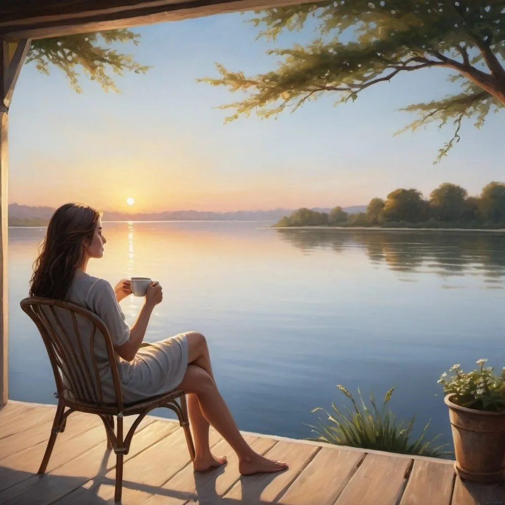 Prompt: Woman sitting on a chair, watching sunrise over water, holding a coffee cup, serene morning scene, realistic painting, calm water surface, warm natural lighting, peaceful atmosphere, detailed facial expression, comfortable chair, high quality, realistic, serene, warm lighting, peaceful, detailed features, morning scene, calm water