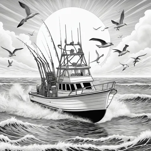 Prompt: B&W coloring book page, sport fisherman boat with outriggers, fighting chair 