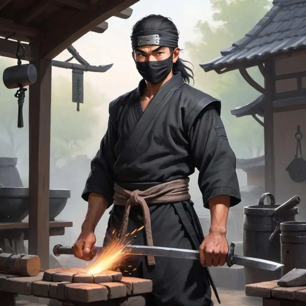 Prompt: A young blacksmith ninja who looks eager to start his day more mature