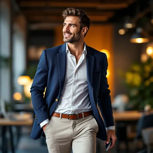 Prompt: In a modern office setting, a man in a stylish blue blazer walks confidently, holding a smartphone in one hand. He sports a crisp white shirt underneath and light-colored trousers, exuding a professional yet approachable vibe. The background features softly blurred elements of a spacious workspace, with bright, ambient lighting creating a vibrant atmosphere. His expression reflects a mix of contemplation and contentment, suggesting he is momentarily engaged in thought or communication. The overall composition emphasizes a balance between professionalism and ease, capturing a moment of both action and poise in a contemporary business environment.
