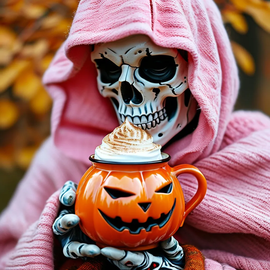 Prompt: grim reaper wearing pink fluffy sweater over their robe, drinking a pumpkin spice latte out of a pumpkin shaped mug, against a basic autumn backdrop