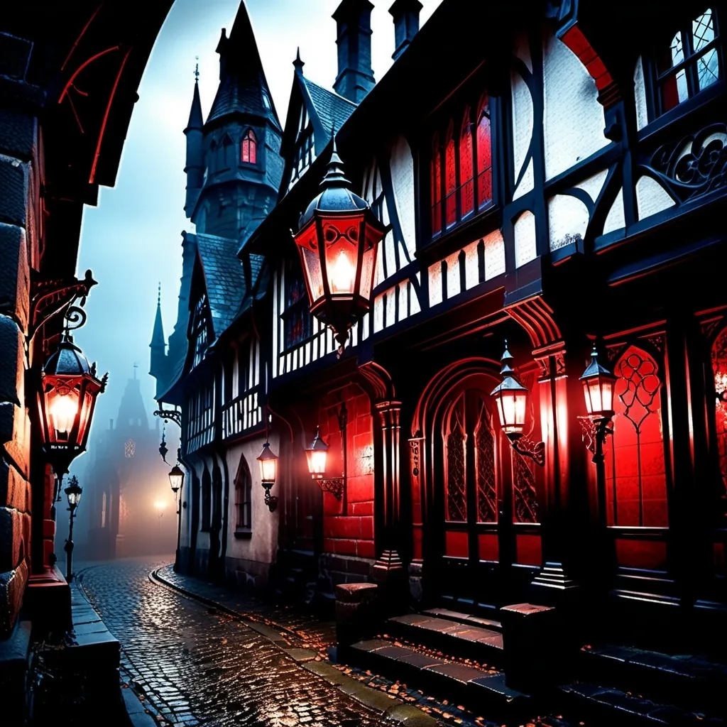 Prompt: (4AEM), misc-gothic style, dark color scheme, eerie atmosphere, intricate details, shadows and light play, deep blacks, midnight blues, crimson accents, gothic architecture in the background, fog and mist, lantern-lit pathways, ornate metalwork and gargoyles, cobblestone streets, ultra-detailed, 4K quality, high contrast lighting, dramatic and brooding mood, immersive ambiance, cinematic quality.