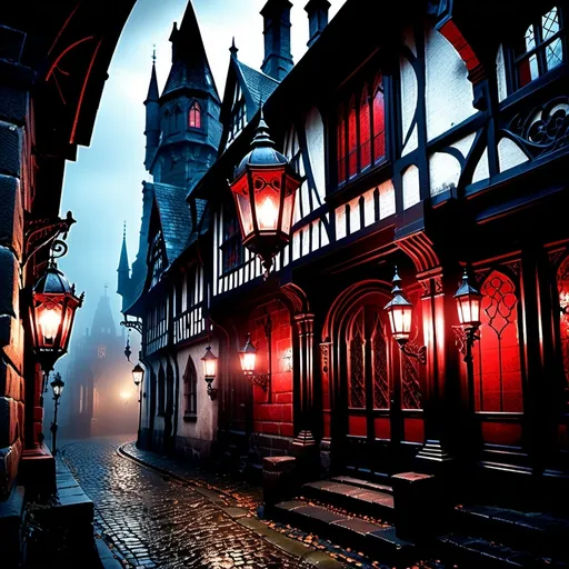 Prompt: (4AEM), misc-gothic style, dark color scheme, eerie atmosphere, intricate details, shadows and light play, deep blacks, midnight blues, crimson accents, gothic architecture in the background, fog and mist, lantern-lit pathways, ornate metalwork and gargoyles, cobblestone streets, ultra-detailed, 4K quality, high contrast lighting, dramatic and brooding mood, immersive ambiance, cinematic quality.