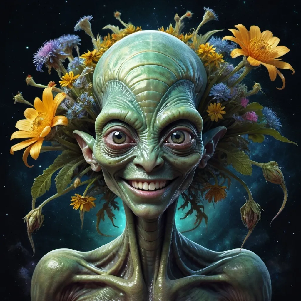 Prompt: Smiling Alien Flora, Epic, Contoured Textures, Ink Vivid, Maximalism, Expansive Depth of Field, Beautiful Mixed Media, Tachisme Dynamic Brushwork, Dramatic Lighting, Rule of Thirds, Digital Art Illustration Masterpiece by Kinuko Y Craft, Aykut Aydoğdu, Sandra Yagi