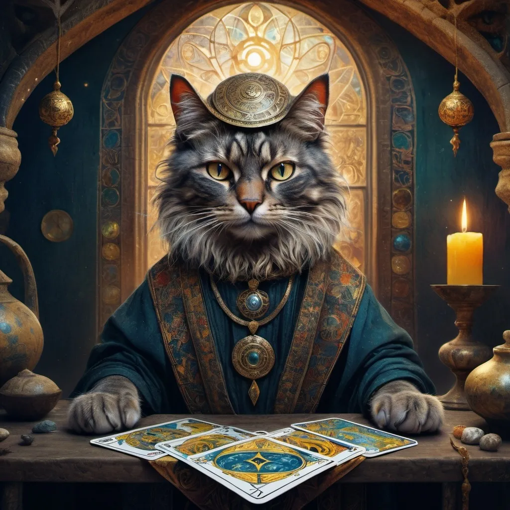 Prompt: Anthropomorphic Cat Seer, Tarot Reader, Epic, Contoured Textures, Ink Vivid, Maximalism, Expansive Depth of Field, Beautiful Mixed Media, Tachisme Dynamic Brushwork, Dramatic Lighting, Rule of Thirds, Digital Art Illustration Masterpiece  by Kinuko Y Craft, Aykut Aydoğdu, Sandra Yagi